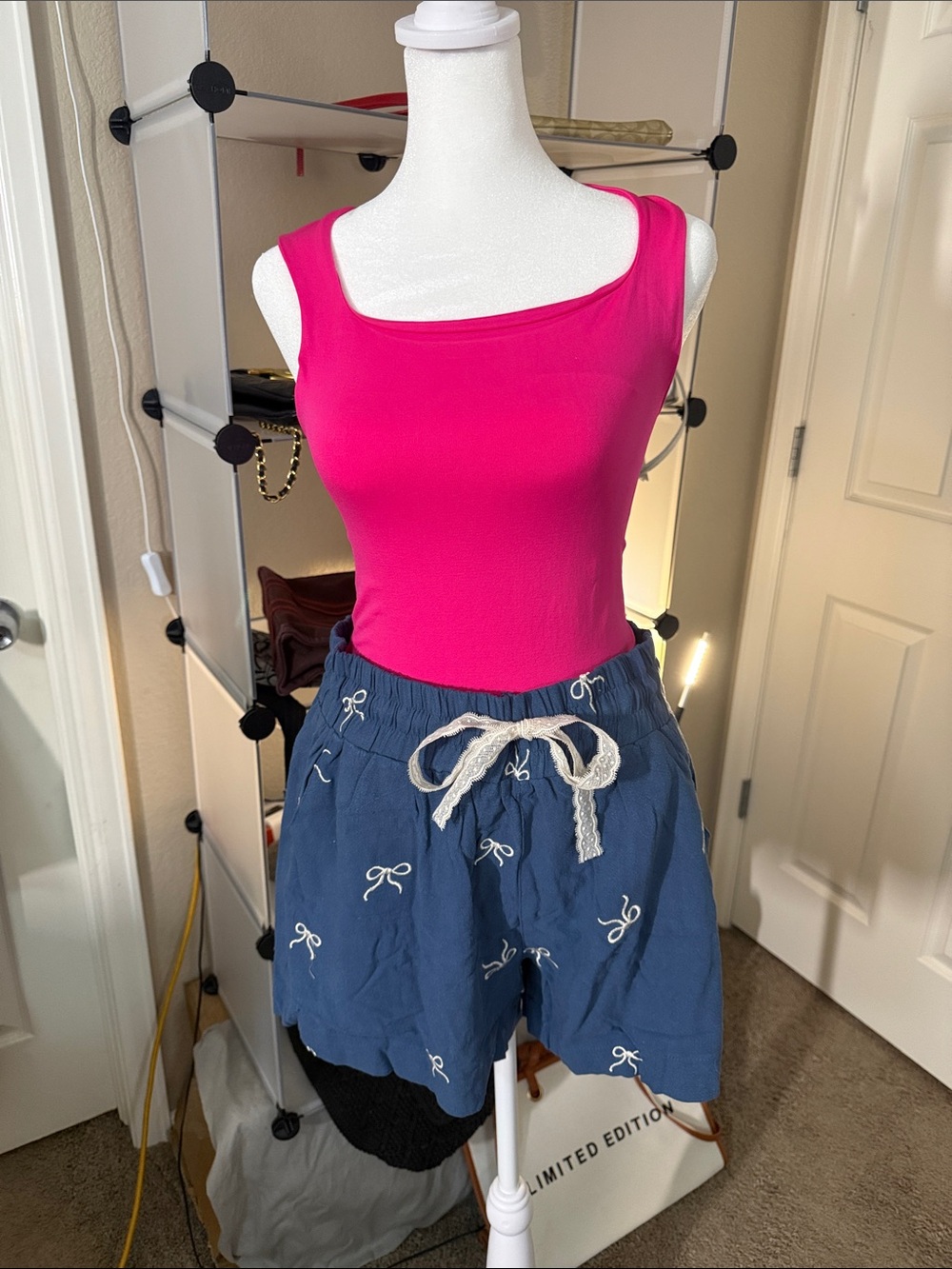Zenana Outfitters Hot Pink Tank with Umgee Navy Bow-Embroidered Shorts